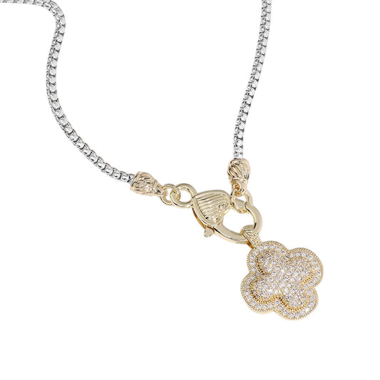 14K Gold Plated CZ Stone Paved Quatrefoil Pendant Necklace