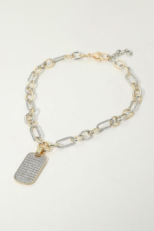 14k Two Tone Cz Paved Dog Tag necklace