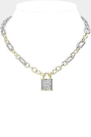 14k Gold Cz Paved Lock Two Tone Chain Necklace