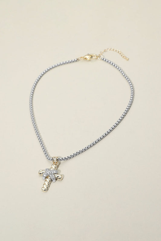 14k Two Tone Square Cz Stone Cross Necklace
